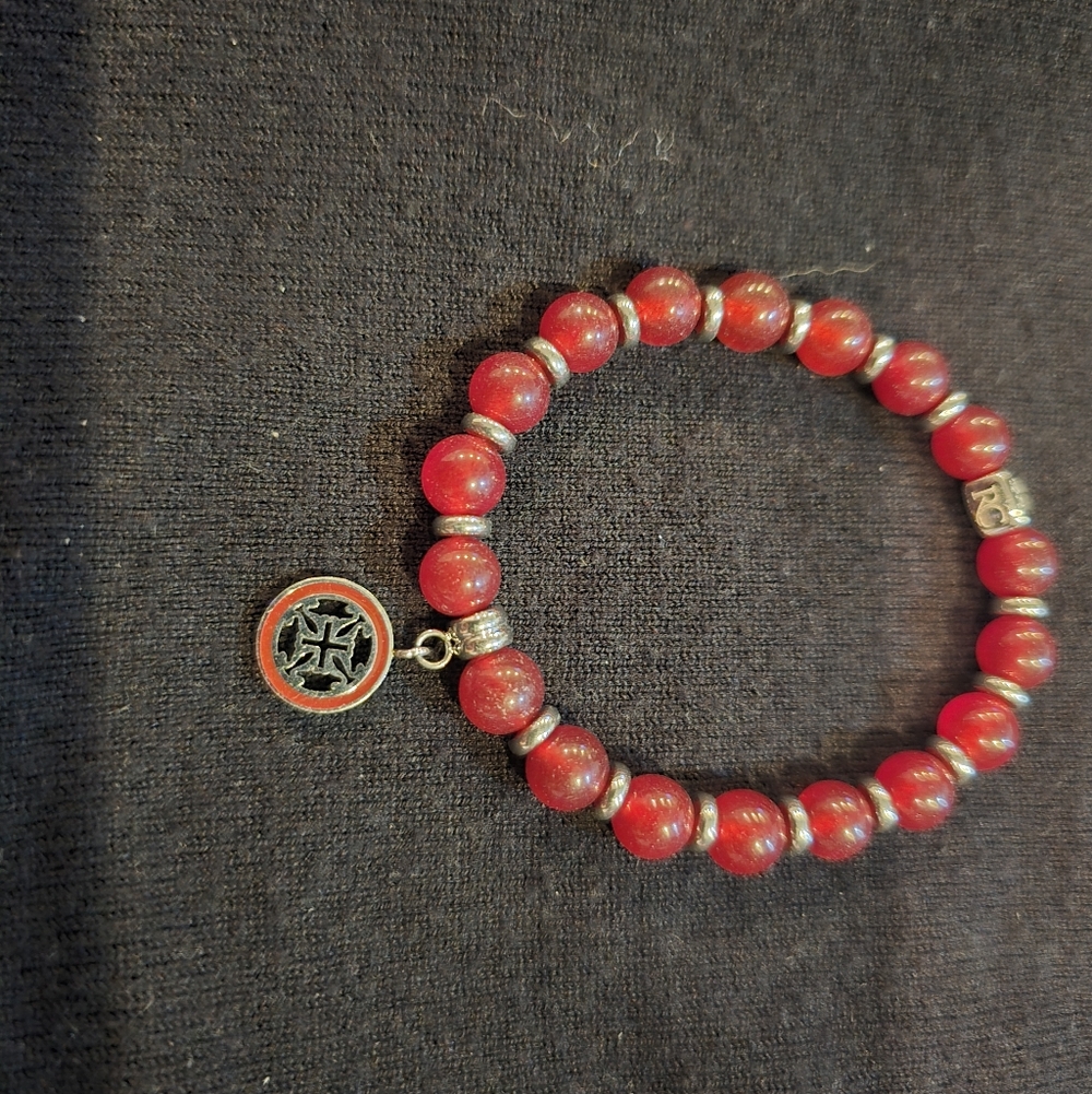 Rustic Cuff Red Beaded Bracelet with Cross Coin Charm